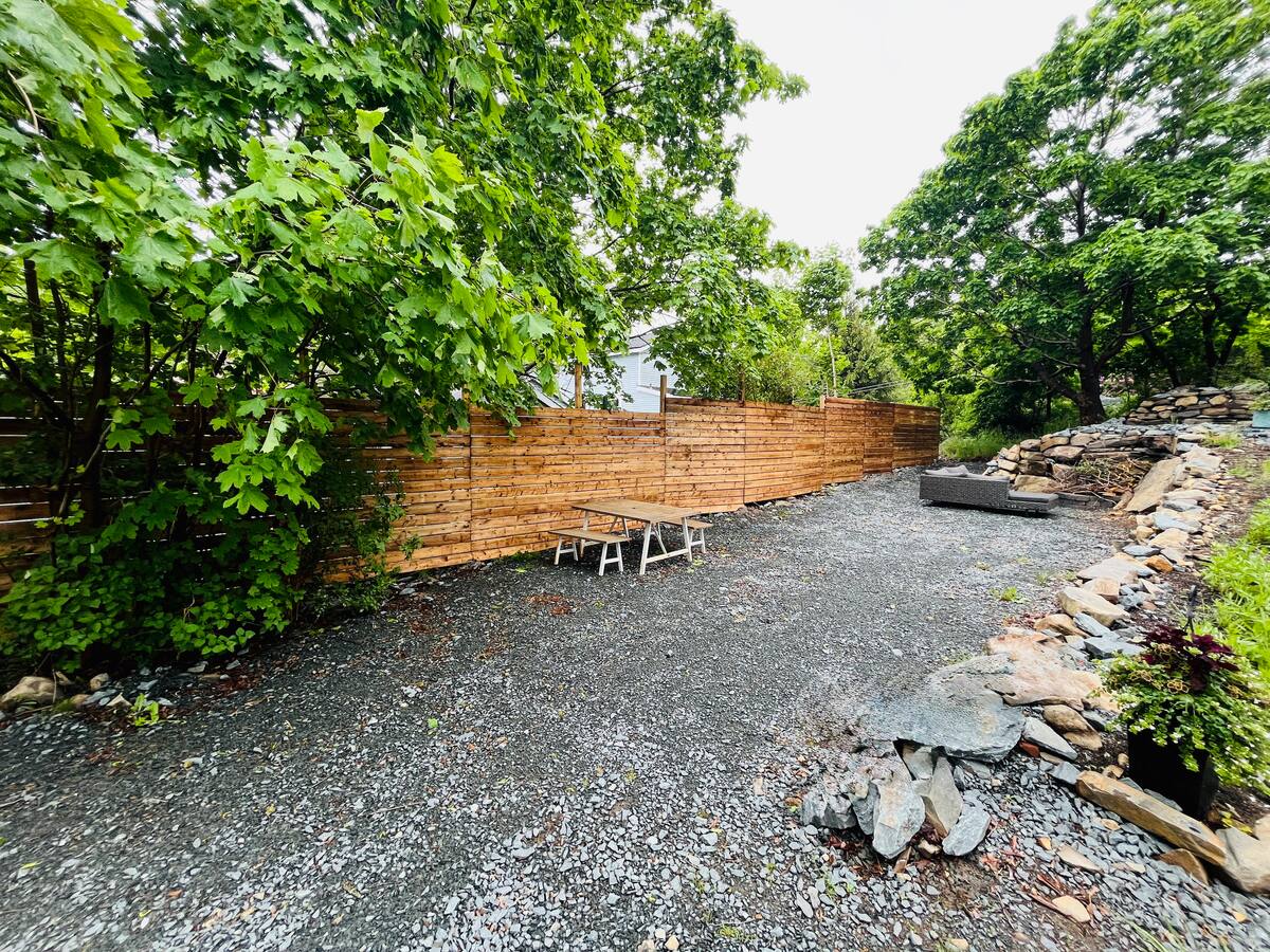 Outdoor seating area with trees